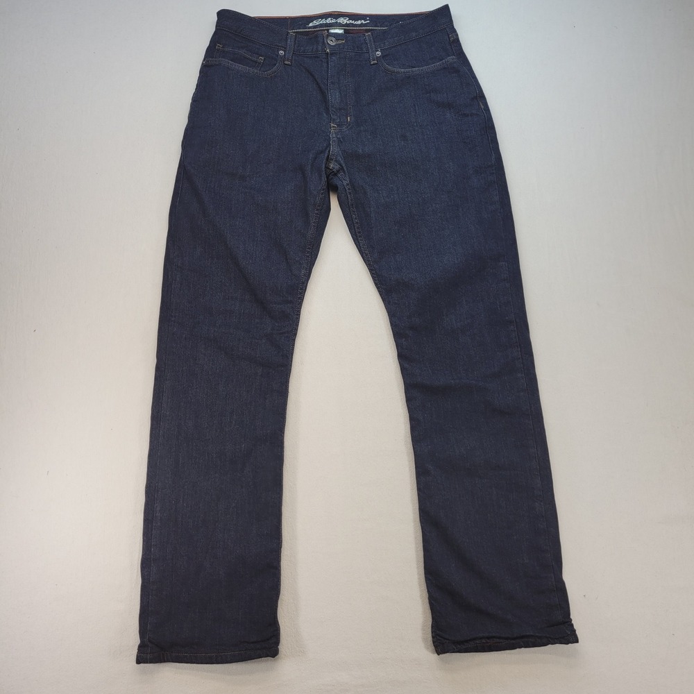 Eddie Bauer Flannel Lined Jeans Mens 34x34 Blue Straight Dark Wash Plaid Lining
